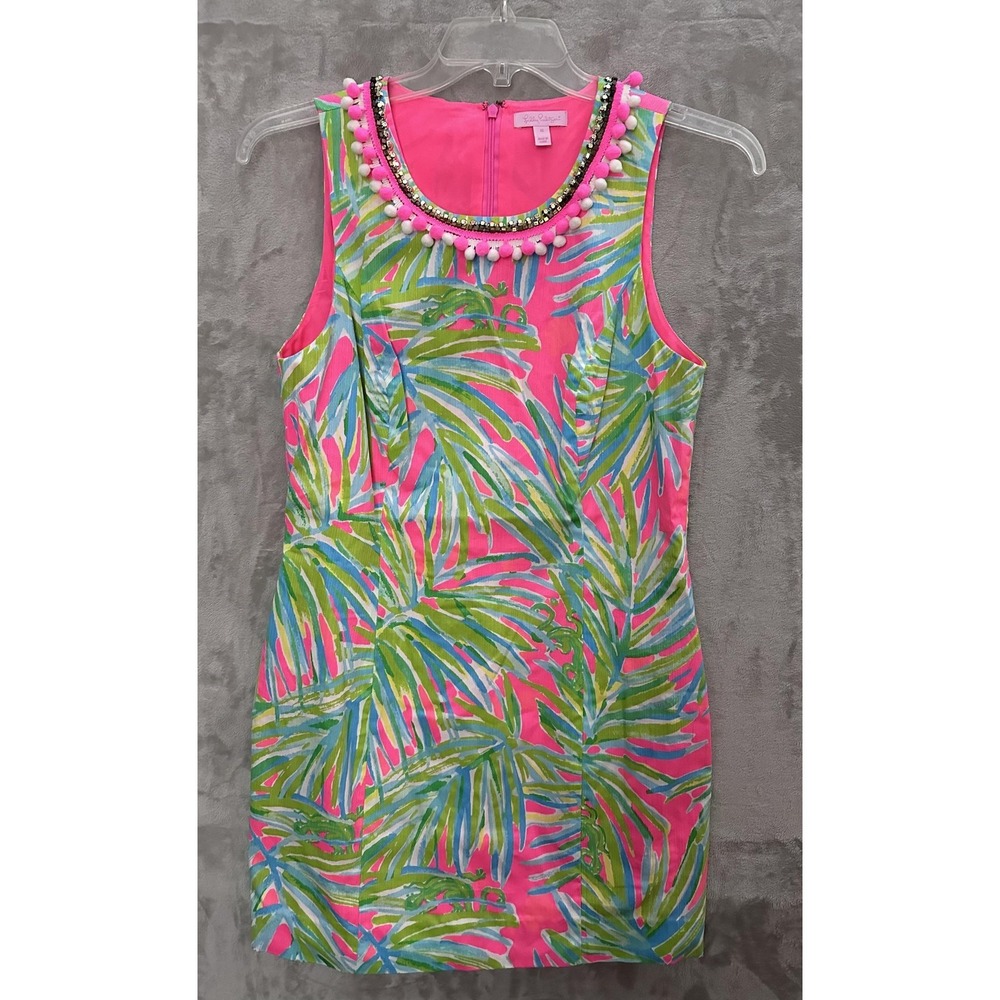 Lilly Pulitzer Mila Shift Dress Tiki Pink Royal Lime Size 10 Sequin Pom Pom Neck